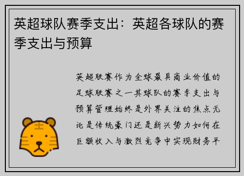 英超球队赛季支出：英超各球队的赛季支出与预算